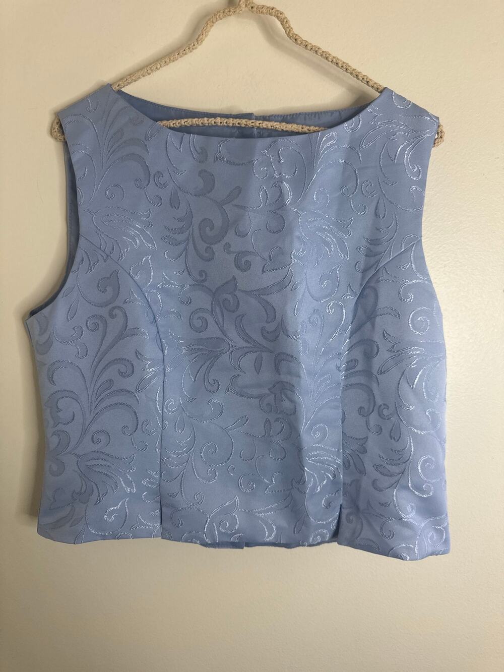 Vintage 90s Formal Baby Blue Floral Jacquard Crop Top – Made in USA – Size S/M